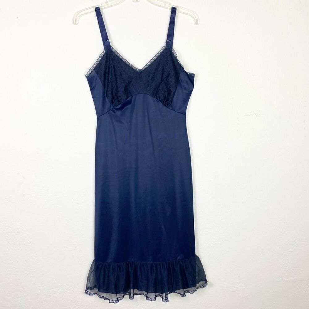 Vintage Michelene Dark Navy Blue Nylon Chemise Slip Dress Size 36